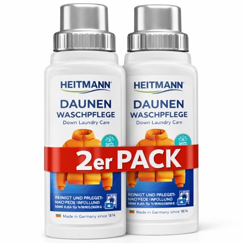 Heitmann Daunen Wäsche: reinigt und pflegt Textilien mit Daunenfüllung ideal für die schonende Reinigung von Daunen-Jacken Federkissen Federbetten 250ml 2er Pack