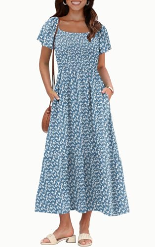 Image of OFEEFAN Summer Dresses for Women Square Neck Ruffle Sleeve Smocked Maxi Dress with Pockets