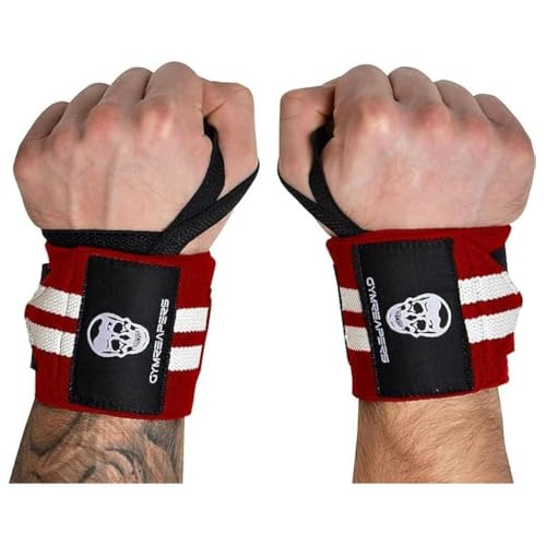 Gymreapers Weightlifting Wrist Wraps (Competition Grade) 18 Professional Quality Wrist Support with Heavy Duty Thumb Loop - Best Wrap for Powerlifting Strength Training Bodybuilding(Red/White 18)