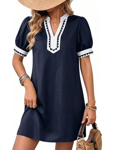 Image of Wkior Women's Summer Trim V Neck Mini Dresses with Pockets (S-XL) | Puff Short Sleeve, Trim Collar, Breathable Fabric, Lightweight Summer Clothes for Daily Wear, Sunset Beach Party