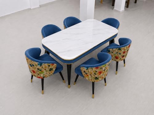 Image of WOODEN SPACE 6-Seater Wooden Dining Table Set | Nano Composite Marble Top | Solid Wood Base | Modern Dining Room Furniture with 6 Chairs (Blue Printed)
