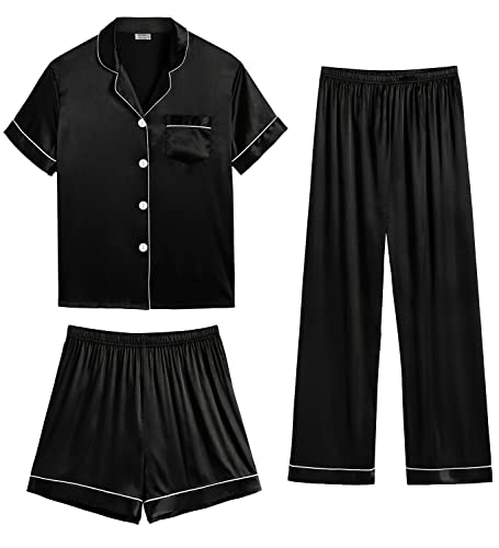 SWOMOG Mens 3pcs Pajamas Set Silk Satin Short Sleeve Sleepwear Button Down Pjs Classic Loungewear Nightwear2