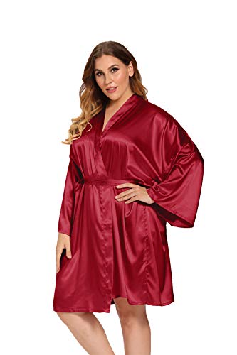 V Vaborous Women's Plus Size Satin Robes Plus Size Silky Kimonos Robes Sleepwear,Short, Wine, 4X-5X