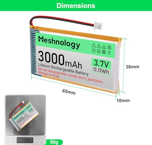 Meshnology Lot de 4 batteries LiPo 3,7 V 3000 mAh avec câble de charge USB 103665 1S avec panneau de protection, ruban en caoutchouc isolé et prise micro JST 1,25 pour Arduino ESP32 Module Board Drone – vue 7
