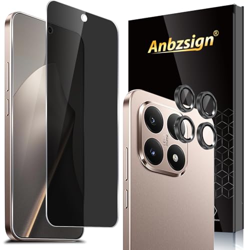 Anbzsign 2+1 Pack for Xiaomi 15T Pro Privacy Tempered Glass Screen Protector and Camera Lens Protector, Anti-Spy 9H Hardness Case Friendly Film for Xiaomi 15T Pro 5G (2025)