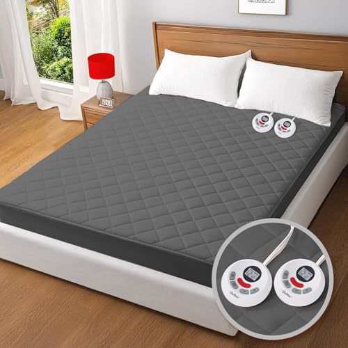 Heated Mattress Pad Queen Size,Dual Controller Electric Mattress Pad with Preheat Functions,Bed Warmer with 12 Heat Settings & 1-12 Hours Auto Shut Off,Machine Washable(60"x80",Grey)