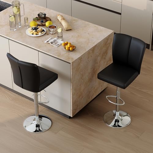 Image of Swivel Bar Stools Set of 2 - Black Barstools with Back,Adjustable Counter Height Bar Stools with Sturdy Metal Legs,Leather Counter Height Stools Ideal for Kitchen Island Pub(25''-33''H)