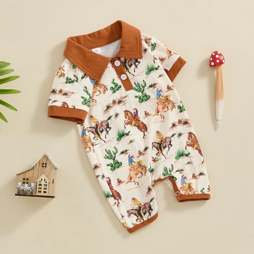 Lesimsam Newborn Baby Boy Western Clothes Cow/Horse Print Romper Jumpsuit Short Sleeve Button Up Collared Bodysuit Outfit4