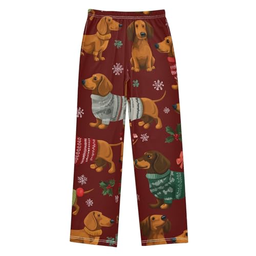 Xmas Snowflake Dachshund Boys Long Pants Soft Trousers Elastic Waist Kids Lounge Bottoms with Pockets S-XL