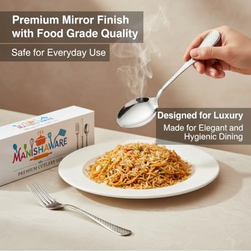Image of Classic Silver 4 Pcs Stainless Steel Cutlery Set for Dining Table, Dishwasher Safe Glossy Flatware (Perfect Spoon Fork Set)