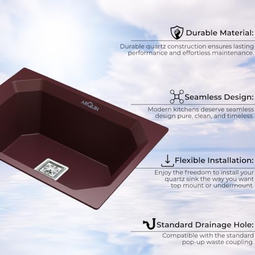 Image of ARQUIN Quartz Kitchen Sink 24x18x9 Inch Brown Diamond | Single Bowl Sink | Durable & Scratch-Resistant | Undermount /Topmount Including Coupling, Waste Pipe & Fruit Washing Basket