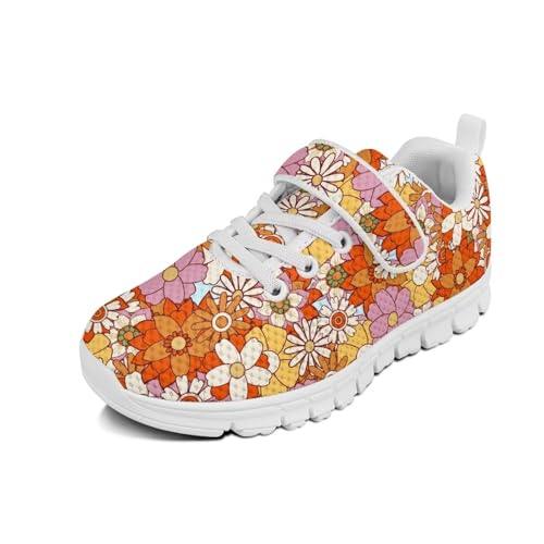 Boy Shoes Athletic Running Fashion Sneakers Walking Breathable Kids Girls Fitness Cross-Training Tennis Lightweight Shoes(Little Kid/Big Kid) White Sole Hippie Flowers Pattern