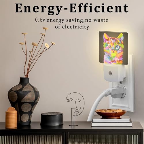 Image of Cat on Pop Art Night Light Plug into Wall, Cute Colorful Cat Dusk to Dawn Night Light, 0.5w Energy Saving Sleep Friendly Nightlights for Kids Boys Girls Home Decor