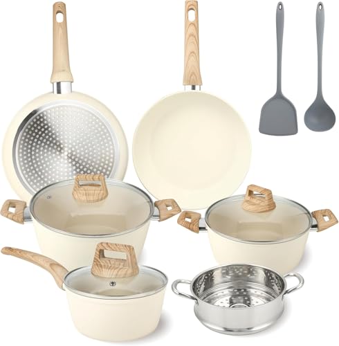 Ray Bear 11 Pcs Pots and Pans Set, Nonstick Cookware Set with Lids and Wooden Handles, Silicone Spoons & Spatulas, Non-toxic Healthy Kitchen Cooking Set, PFAS & PFOA Free