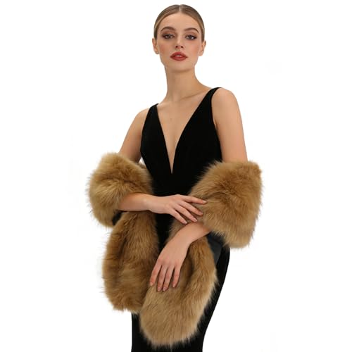 XEPST Womens Faux Fur Collar Scarf Wrap Faux Fur Shawl Winter Neck Warmer Fluffy Scarf (Camel-Colored)