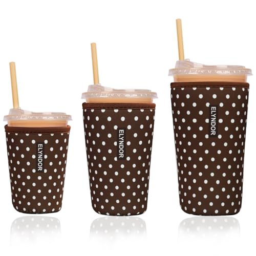 Image of Reusable Insulated Sleeve for Iced Coffee Cup, 3-Pack Coffee Neoprene Drink Sleeve for Cold & Hot Drinks, Beverage Holder for Iced Coffee (Brown Polka Dots)