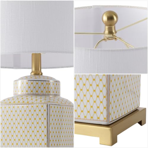 Image of JONATHAN Y Cleo 21.5 inch Yellow & White Ceramic Table Lamp with Brass Base