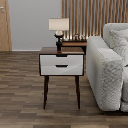 Image of Night Stand,End Table for Bed Nightstand with Drawers, Side Table with Storage, Solid Wood Table Legs,A Shaped Suitable for Small Spaces, Living Room, Bedroom, White (Brown White)