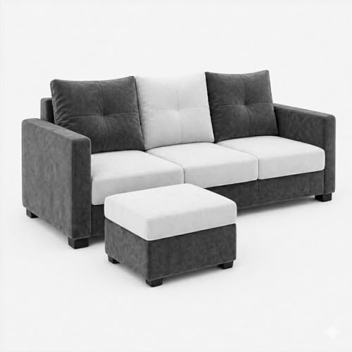 Image of FURNY Amonster 3 Seater + 2 Seater Fabric Sofa Set with 1 Ottoman (Dark Gray - Light Gray) with Velvet Finish | Durable Comfort | Ideal for Living Room