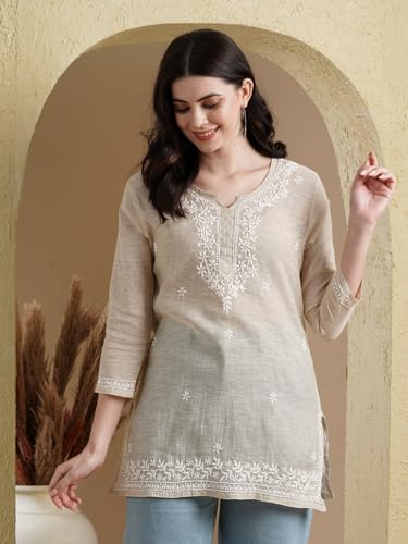 Image of Ada Women's Cotton Straight Fit Straight Hand Embroidered Lucknowi Chikankari Khadi Short Kurti Top A911388 Fawn
