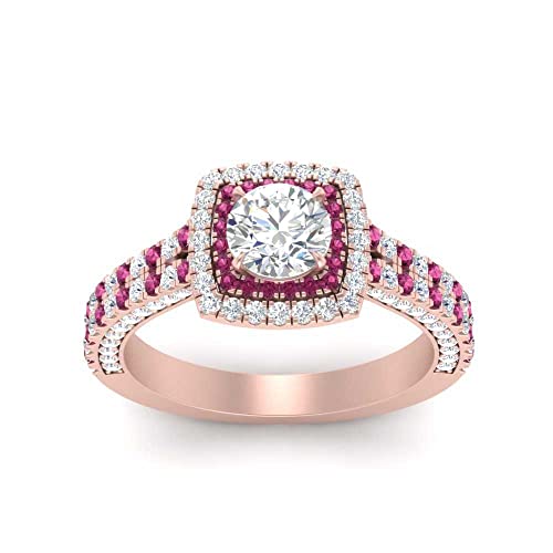 Image of 55Carat Choose Your Gemstone Double Band Square Halo Diamond CZ Ring 18K Rose Gold Plated Round Shape Halo Engagement Rings Everyday Jewelry Wedding Jewelry Handmade Gifts for Wife US Size 4 to 12