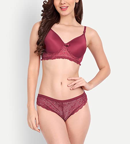 Image of FIMS - Fashion is my style Women Cotton Floral Lace Padded, Non-Wired, Full Coverage, Seamless Bra Panty Set, Multicolor, Lingerie Set