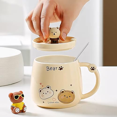 Image of BonZeal 3D Teddy Bear Mug with Lid & Spoon, 380 ML Ceramic Coffee Mug Cup | Cute Birthday Gift for Girls Women, Return Birthday Gift, Rakhi Gift for Brother | Panda Mug Style Mugs for Coffee Unicorn