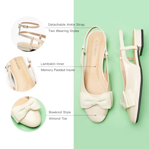 Image of C.Paravano Women's Slingback Dress Shoes | Sandals with Bows for Women| Casual Flat Shoes for Women | Almond Toe Slingback | Detachable Ankle Strap
