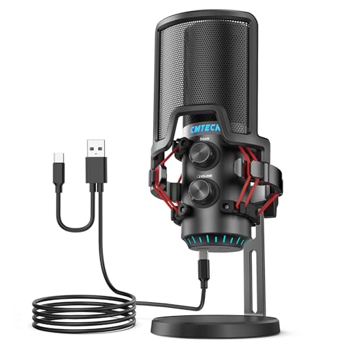 CMTECK USB Microphone for PC, Condenser Mic for Streaming, Podcasting, Video, Meeting, Gaming, Gain Control, Monitoring Headphone Jack, Anti-Vibration Shock Mount and Pop Filter (Posh Black)