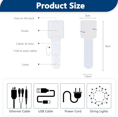 50 paquetes de abrazaderas de cable con gancho y bucle, clips adhesivos para cables con respaldo autoadhesivo, organizador de cables para escritorio, TV, PC, portátil y ethernet (blanco) miniatura 2
