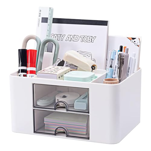 ESSOSWAY Schreibtisch Organizer - mit Stiftehalter - für Kosmetik - 5 Sortierfächer und 2 Schubladen - Büro Home Office Zubehör - Weiß
