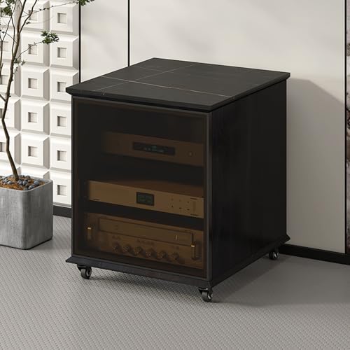 Image of YITAYMLI AV Stereo Media Solid wood Storage Cabinet Adjustable shelves,Movable AV Equipment Cabinet Display Stand With cooling fan,Freestanding Audio Rack,Glass door(Black,63.6cm/25in)