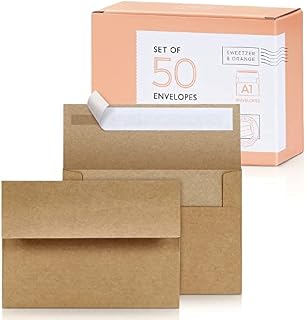 Sweetzer & Orange A1 Envelopes Kraft Envelopes Self Seal (50 with Box). Luxury 150gsm for Greeting Card Envelopes and Invitation Envelopes 3-5/8 x 5-1/8, RSVP Envelopes, Plain Mailing Envelopes