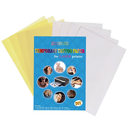 SANGI Temporary Tattoo Transfer Paper For Laser Inkjet Printer Printable Custimized Water Slide Decal For Women Men Girls Kids DIY - 4 Sets Pack - A4 Size 11.7 x 8.3 Inches