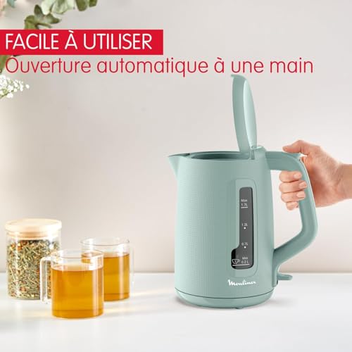 Moulinex Bouilloire électrique, 1.7 L, Ebullition rapide, Arrêt automatique, Indicateur 1 tasse, Filtre anticalcaire, Boule à thé incluse, Morning, Eucalyptus, BY2M1310