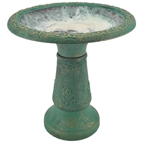 Arcadia Garden Products BB04 Fiberclay Bird Bath Outdoor Garden Decor, Antique Vintage Weather Resistant Water Bowl for Backyard and Patio and, 20-inch Tall, Green