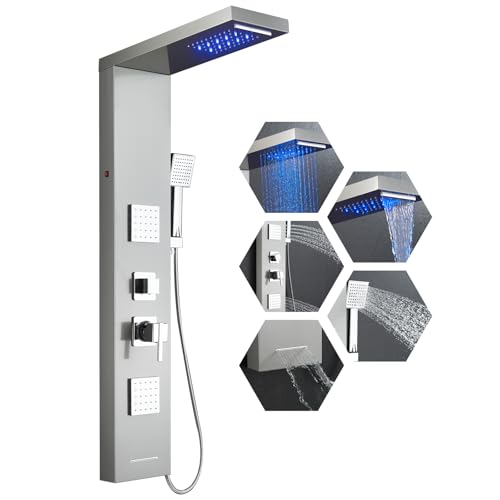 ROVOGO Colonne Panneau de Douche LED Brossée, 5 Modes avec Mitigeur - Cascade/Pluie/2 Jets de Massage Carrés/Douchette/Bec de Baignoire, Colonne de Douche...