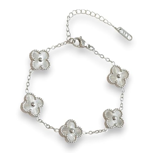 Four Leaf Clover Bracelet for Women – White Gold Plated 316L Stainless Steel, Double-Sided Mother of Pearl, Adjustable Lucky Charm Link Bracelet, Elegant Jewelry Gift for Her, Comes with gift Box.