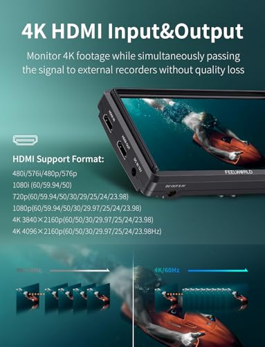 Image of FEELWORLD S55E 5.5 inch DSLR Field Monitor 3D LUT Compact Full HD 1920x1152 IPS Video Assist Peaking Focus with 4K60Hz HDMI 8.4V DC Inputs /Outputs Includes F550 4400mAh Battery,Tilt Arm,Sunshade