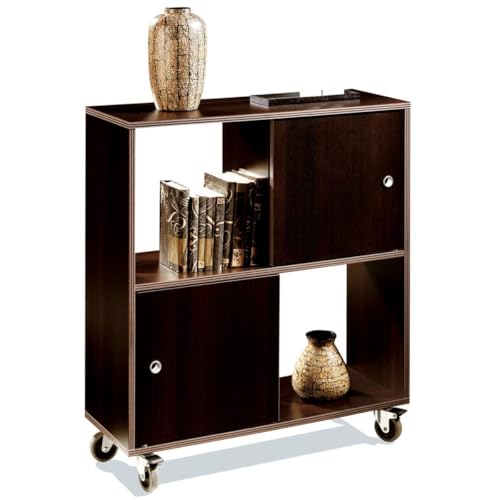 Étagère basse avec roues Puzzle Couleur wengé portes réversibles Style moderne Meuble 90 x 80 x 33 cm
