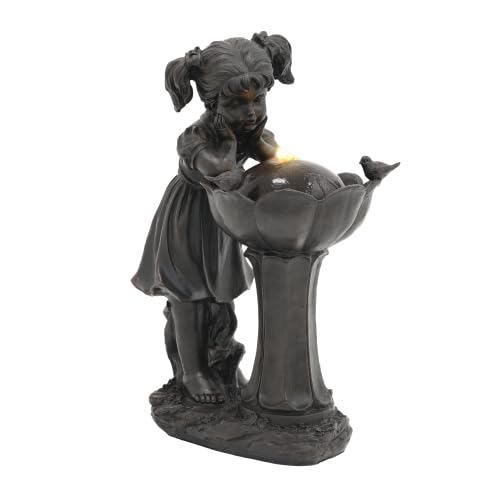 Gartenbrunnen mit Mädchen-Figur, 65,5 cm Springbrunnen Wasserspiel mit warmweißer LED-Beleuchtung, Gartendeko für Terrasse, Balkon & Rasen, Plätschern 55 dB, Kupferfarbe