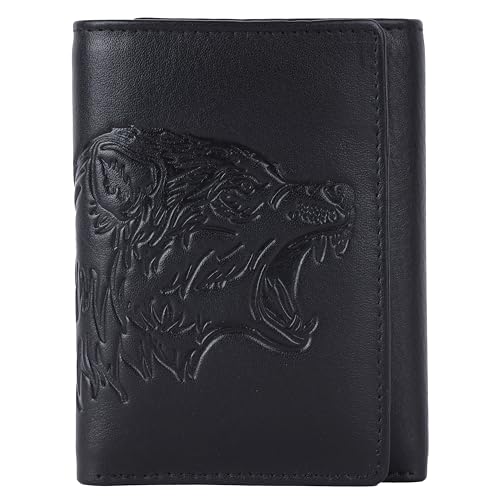 Image of Wild Wolf Black Trifold Wallet for Men - Full-Grain Nappa Leather, RFID Blocking, Unique Embossed Design, Gift for Husband, Dad, or Boyfriend
