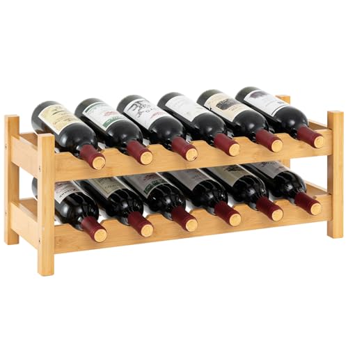 GOPLUS Botellero de 2 Niveles, Organizador de Vino para 12 Botellas, Soporte de Bambú para Botellas de Vino, Estante Pequeño Independiente para Cocina, Despensa, Bodega, Bar (Natural)