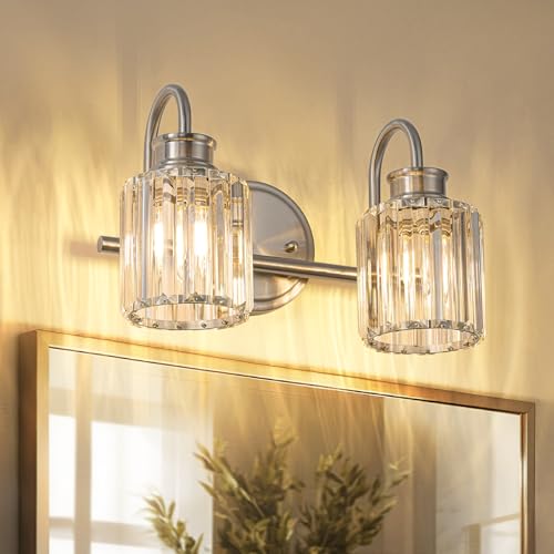 Image of Brushed Nickel Bathroom Light Fixtures with K9 Crystal Lampshade Bathroom Lighting Over Mirror Vanity Lights for Living Room,Bedroom,Restroom,Hallway 2 Lights