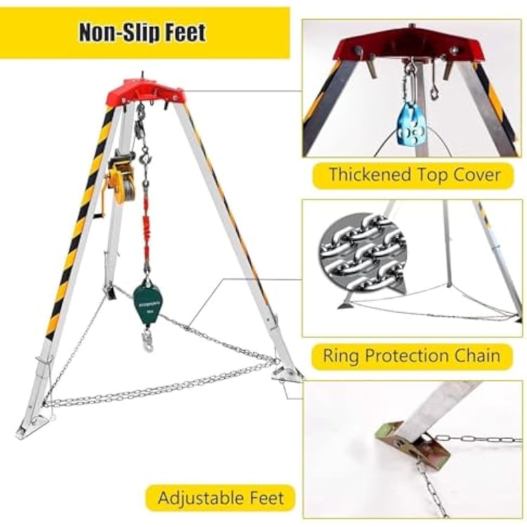 Portable Confined Space Tripod, Foldable Emergency Rescue Tripod Kit, 7-foot Legs, Aluminum Rope Rescue Tripod with Fall Protection for Construction and Industrial Use(1800lbs winch)