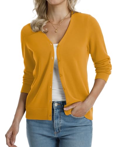 Image of QUALFORT Women's 100% Cotton Lightweight Cardigans Long Sleeve Knitted Button Down Sweater