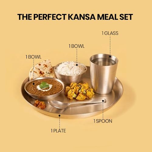 Image of Pure Kansa Dinner Set 5 Pieces | Bronze Thali Set 12 Inch Plate, 2 Bowls, 1 Glass, 1 Spoon | Handcrafted Ayurvedic Kansa Utensils | Matte Finish | Gift for Diwali Wedding Housewarming