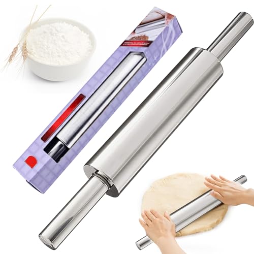 Rodillo de acero inoxidable, rodillo antiadherente de acero inoxidable, rodillo de 43 cm con mango, rodillo giratorio, accesorio para hornear, pasador para fondant, pizza, albóndigas, pan, pasteles