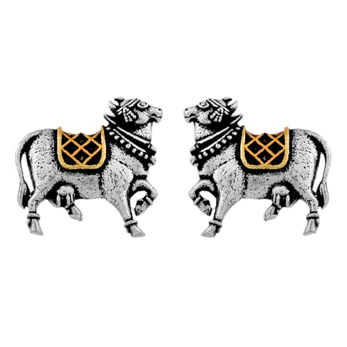 Image of Voylla Qasbah Nandi Oxidised Two Tone Stud Earrings For Women Anti Tarnish Silver Oxidised Earrings Dual Tone Ethnic Casual Daily Style Traditional Jewellery Womens Day Gift For Her Festive Jewellery