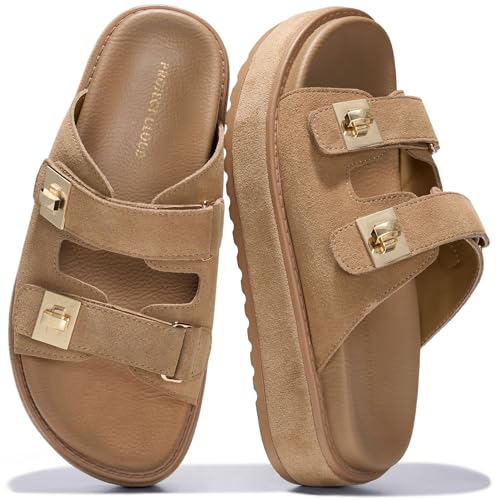 Project Cloud 100% Genuine Leather Platform Sandals Women - Memory Foam Insole Slides Women with Adjustable Buckle - Non Slip and Lightweight Womens Sandals 2026 (Havana TANSUEDE 11)